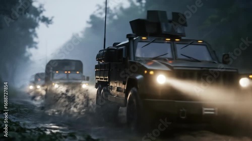 Military convoy of armored vehicles driving through a muddy jungle road in the rain