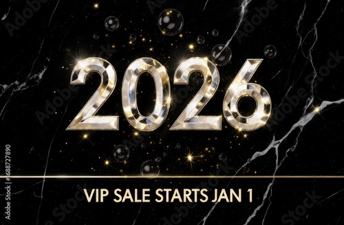 2026 glittering gold text with vip sale announcement on marble background