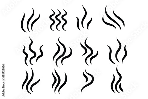Smoke steam icon vector logo set. Smoke smell, steam aroma heat icon illustration. Hot vapor fire doodle line logo. Hit stink, coffee, fragrance flame elements. Vector illustration