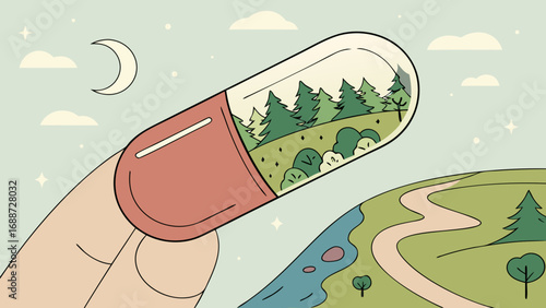 Nature capsule held in hand under a crescent moon