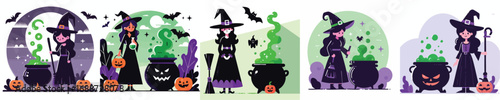 Halloween Witch with Cauldron and Pumpkin Vector Illustration Set