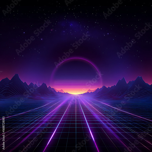 Retro neon grid landscape with mountains and a vibrant sunset, evokes futuristic digital design concepts