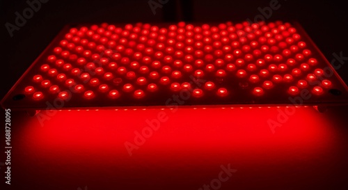 Vibrant red LED therapy panel glowing intensely with therapeutic light, promoting healing and wellness in a modern, professional setting