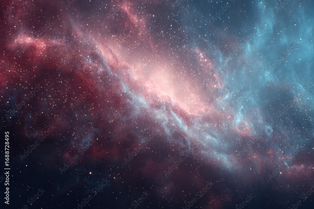 Naklejka premium Cosmic nebula swirling in vibrant hues of pink, red, and blue, dotted with distant stars
