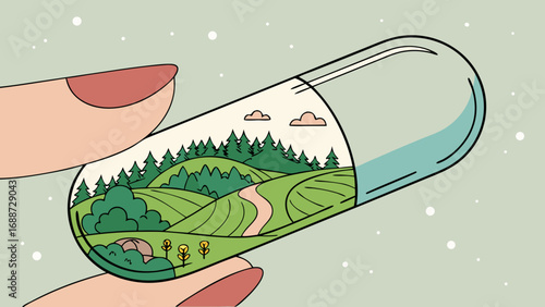 Nature landscape inside a medical capsule held by a hand