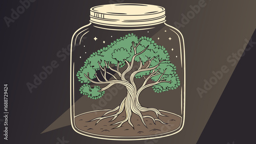 Tree growing inside a glass jar with stars