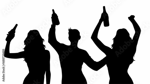 Silhouette of three people raising drinks in celebration against a white background in a party scene