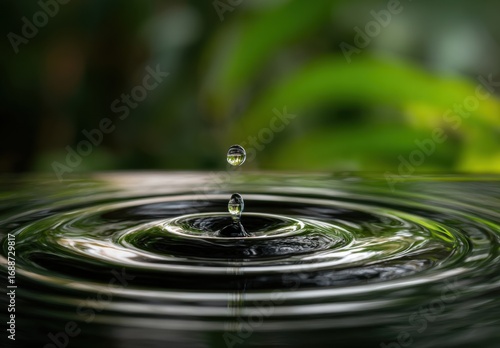 Water droplet impact, concentric ripples on dark water surface, with out-of-focus green background
