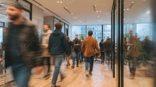 Motion blur of employees moving through office meeting rooms, fast-paced work environment, efficiency and project management