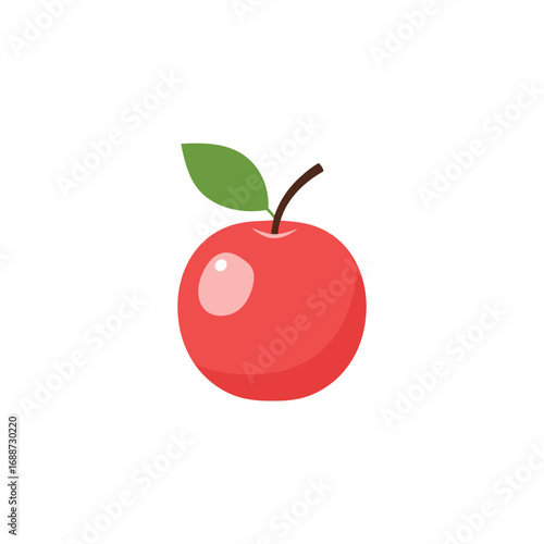 A red apple with one green leaf and a stem on a white background