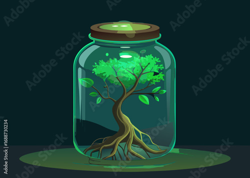 Lush green tree growing inside a glass jar with visible roots