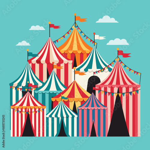A vibrant collection of circus tents under a clear sky filled with fluffy clouds