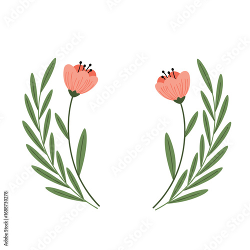Elegant floral wreath design featuring delicate coral flowers and lush green leaves