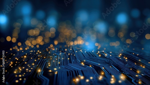 Circuit board technology with glowing components and bokeh