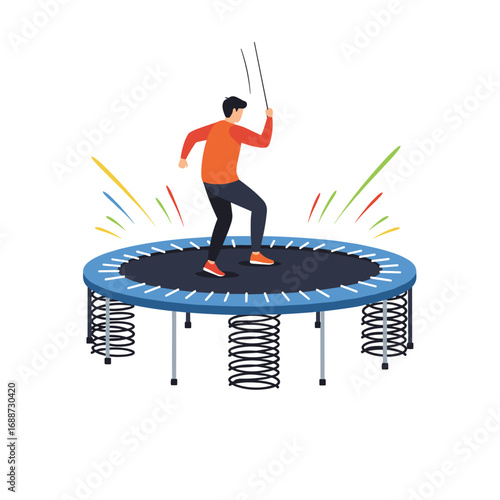 Energetic man enjoying outdoor recreational trampoline jumping exciting fun activity