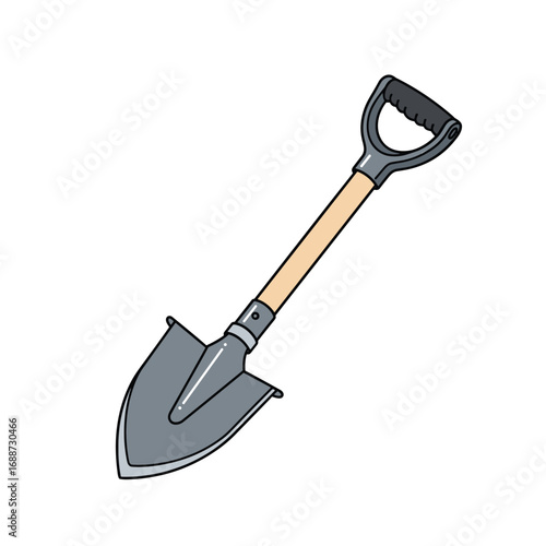 A detailed cartoon illustration of a sturdy garden spade with a comfortable ergonomic handle and a sharp metal digging blade for various outdoor tasks