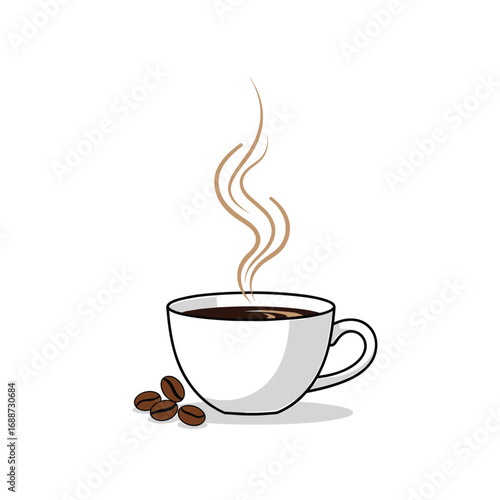 A warm cup of delicious coffee with aromatic steam rising up and a few coffee beans nearby