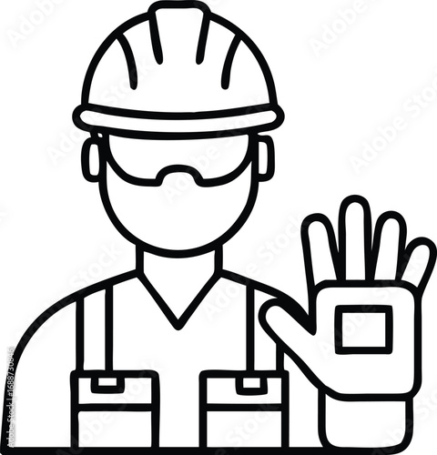 Vector art of line art icon of a construction worker wearing a hard hat and safety glasses, with one gloved hand raised in a stop gesture