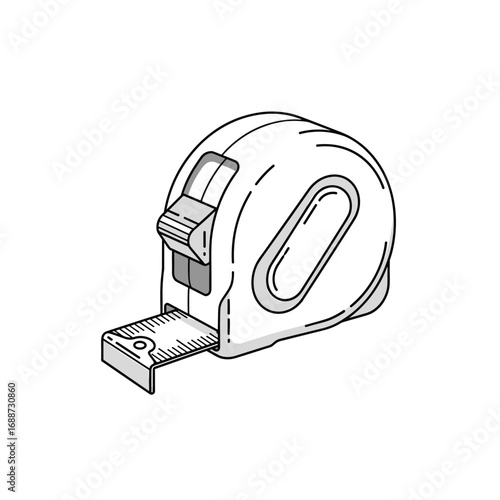 A white retractable measuring tape device with a metal blade extended for measurement purposes