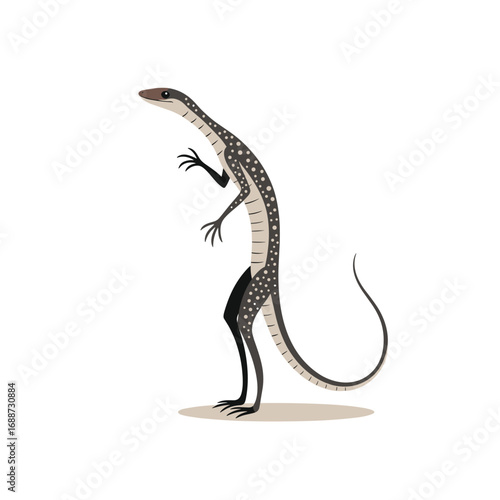 A detailed illustration of a slender four legged lizard standing upright with speckled skin and a long tail
