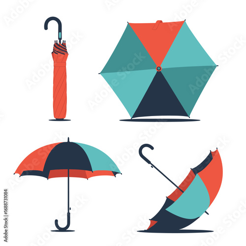 A collection of colorful umbrellas displayed in various positions for weather protection