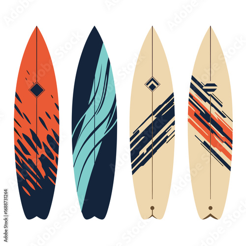 Collection of four modern surfboard designs with abstract geometric patterns and vibrant color palettes