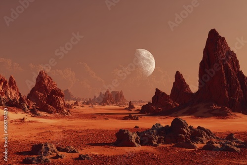 Vast, reddish Martian landscape under a pale moon.  Rocky peaks and mesas dominate the horizon.  A pale, almost hazy atmosphere shrouds the scene