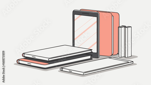 Digital and physical books and smartphones on a light gray background