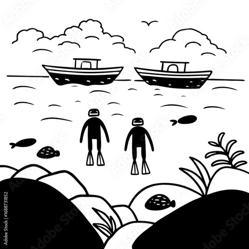 Minimilist two divers near boats under cloudy sky with fish and underwater plants in black and white drawing style vector