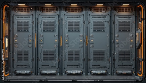 Futuristic, gray metal wall with orange accents, multiple closed doors