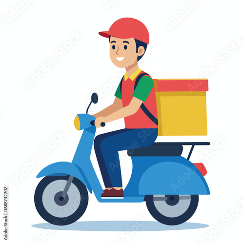 Cartoon illustration of a delivery man riding a blue scooter with a yellow and red package on the back.