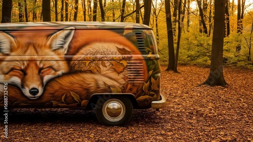 Vintage van with custom airbrushed sleeping fox in beautiful autumn forest