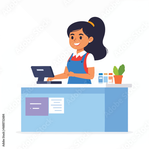 Smiling young woman cashier working at a light blue counter, with various items displayed.