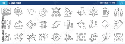 A set of line icons related to Genetics. Gene, DNA, science, biotech, study, and so on. Vector editable stroke.