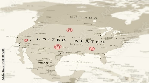 Earthquake Risk Zones in America– 4K Satellite View with Seismic Wave Animation. The camera slowly zooms in on the map, highlighting a red circle indicating the seismic hazard zone. 