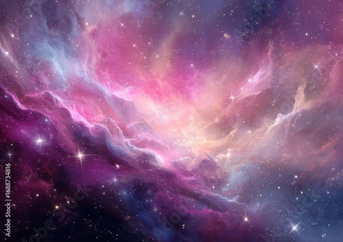 Vast cosmic nebula, swirling in vibrant pinks, purples, and blues.  Scattered stars dot the expanse
