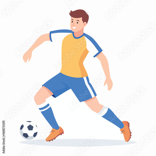 A cartoon illustration of a soccer player in action, dribbling a ball.