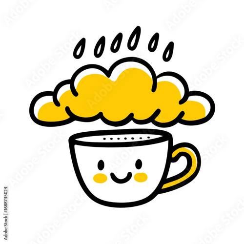 Minimilist a whimsical illustration of a smiling teacup under a yellow cloud with raindrops falling down from it vector