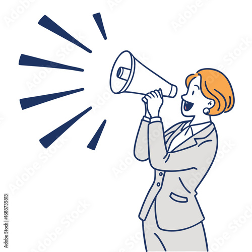 Cheerful woman in suit shouting loudly through megaphone vector illustration.eps