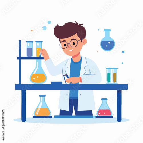 Illustration of a young scientist in a lab coat conducting experiments with beakers and test tubes on a blue table.