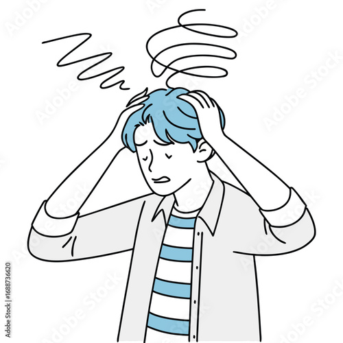 Young man with light blue wavy hair feeling stressed vector illustration.eps