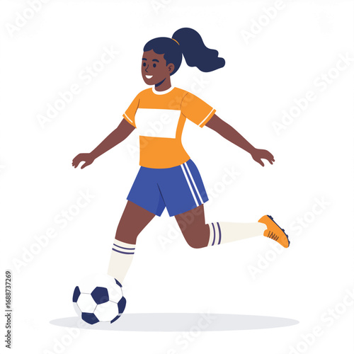 A young woman, with dark skin, kicks a soccer ball on a white background.