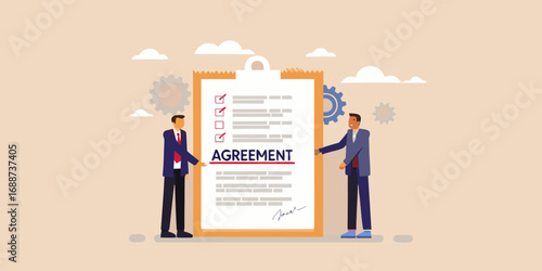 Two businessmen standing next to a large document with the word agreement and checkmarks symbolizing a successful contract or deal