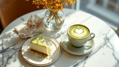 A beautiful arrangement of matcha cake and latte in a cozy cafe ambiance