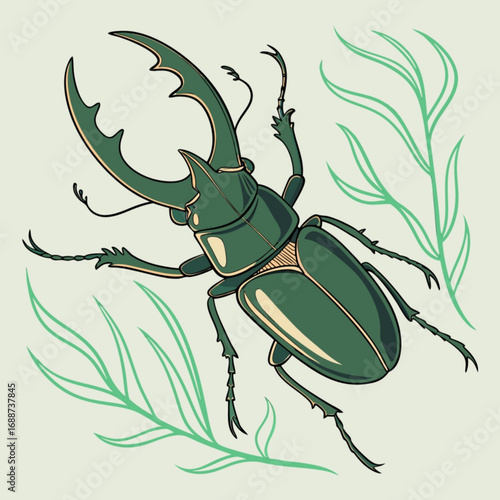 Minimilist illustration of a green stag beetle with large mandibles surrounded by green leafy plant elements vector