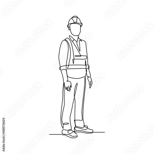 Continuous line drawing of standing building construction worker and engineering man. One line art of architect or engineer mechanic. Vector illustration editable stroke