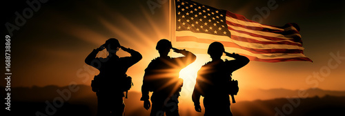 Memorial day soldiers salute american flag patriotic veterans day sunset