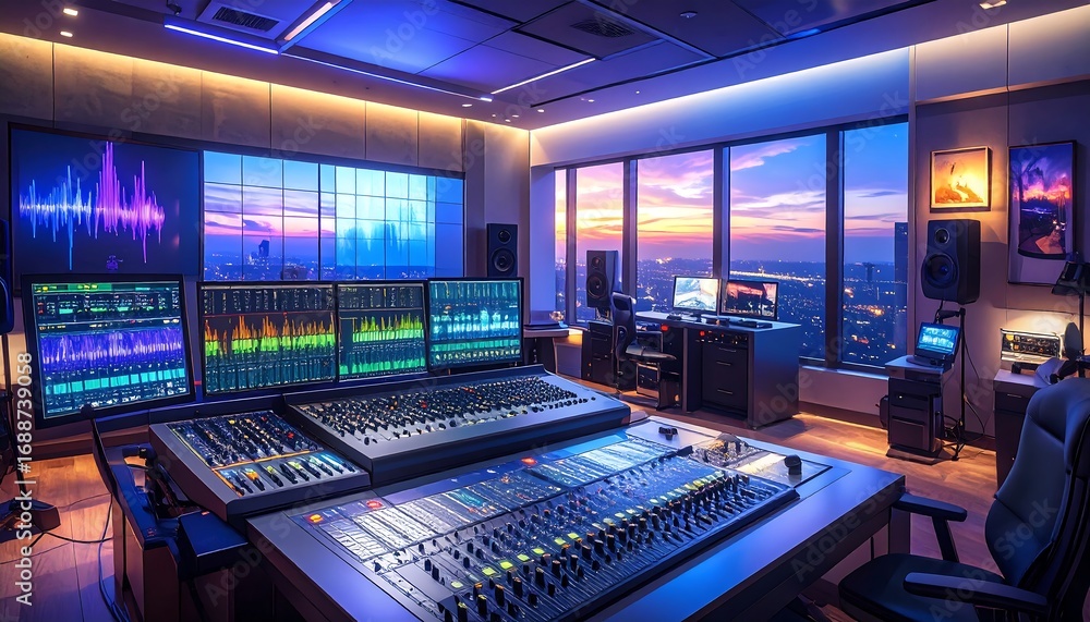 Fototapeta premium Modern, illuminated recording studio with city view