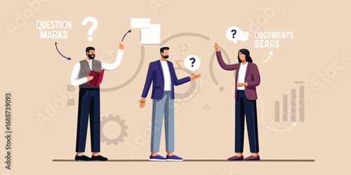 Diverse team members collaborating and brainstorming ideas with question marks and documents