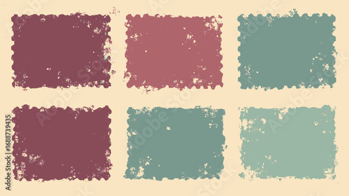 Grid of vintage postage-stamp rectangles with textured paper, palette: parchment, burgundy, sage, ink